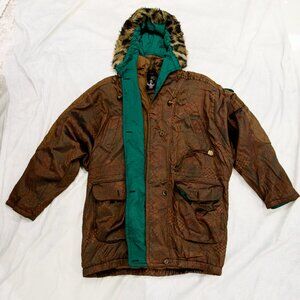 Vintage Down Feather Coat Army Green Khaki Brown Faux Fur Leopard Hood Large 42